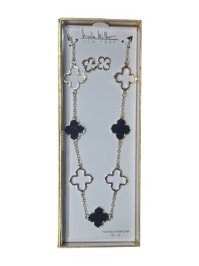 Nicole Miller New York Black White Gold Clover Quatrefoil Necklace Earring Set